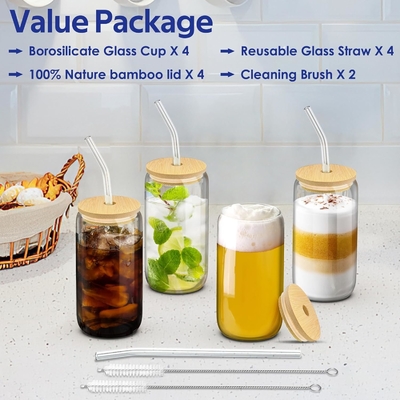 4 conjuntos de copos de vidro com tampas e canudos 16 oz, conjunto de copos para beber, taça de café gelado com tampas de bambu,