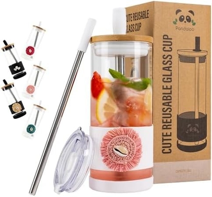 Copo de vidro com tampa e canudos -20 Fl Oz - Copo de café gelado de tamanho perfeito - Copo de smoothie com bambu