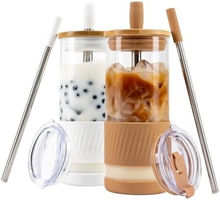 Copo de vidro com tampa e canudos -20 Fl Oz - Copo de café gelado de tamanho perfeito - Copo de smoothie com bambu