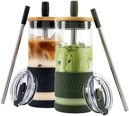 Copo de vidro com tampa e canudos -20 Fl Oz - Copo de café gelado de tamanho perfeito - Copo de smoothie com bambu