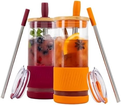 Copo de vidro com tampa e canudos -20 Fl Oz - Copo de café gelado de tamanho perfeito - Copo de smoothie com bambu