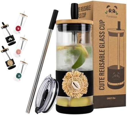 Copo de vidro com tampa e canudos -20 Fl Oz - Copo de café gelado de tamanho perfeito - Copo de smoothie com bambu