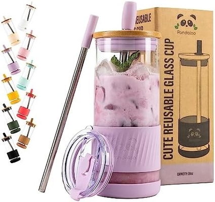 Copo de vidro com tampa e canudos -20 Fl Oz - Copo de café gelado de tamanho perfeito - Copo de smoothie com bambu