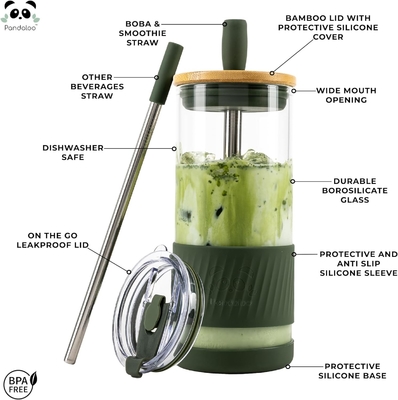 Copo de vidro com tampa e canudos -20 Fl Oz - Copo de café gelado de tamanho perfeito - Copo de smoothie com bambu