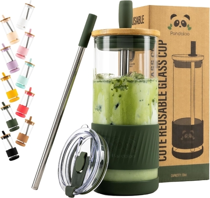 Copo de vidro com tampa e canudos -20 Fl Oz - Copo de café gelado de tamanho perfeito - Copo de smoothie com bambu