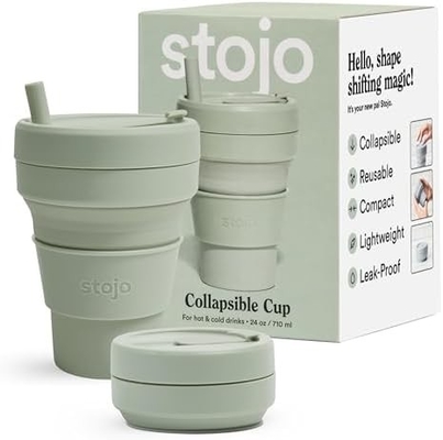 Copo de viagem dobrável - Verde Sage, 12oz / 355ml - Reutilizavel à prova de vazamento para uso no bolso