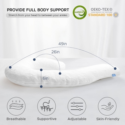Almofada corporal para adultos - almofadas de cama compridas macias inserção para dormir - espuma de memória rasgada e tampa lavável removível