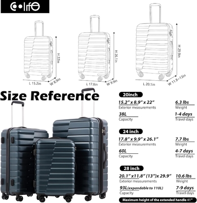 Maleta PC ABS TSA bagagem 3 peças Conjunto de fechadura giratório Carregar (azul azul)