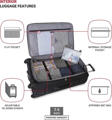 Bagagem flexível, preta, de 29 polegadas.
