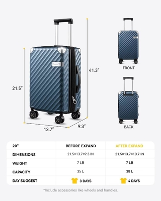 Carry On Baggage 22x14x9 Companhia aérea aprovada - 35L de policarbonato maleta de casca dura expansível com rodas giratórias