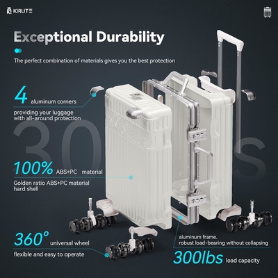 Bagagem sem fechadura com 8 rodas 20 polegadas Maleta de casca dura com PC + ABS TSA Lock 4 Metal Corner Branco