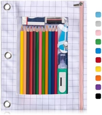 Caixa de lápis de aglutinação com fecho liso, Caixa de lápis de janela clara para aglutinação, saco de lápis de aglutinação de 3 anéis de grande capacidade