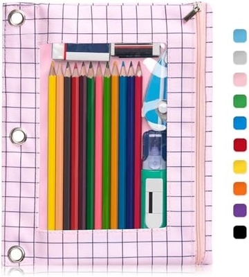 Caixa de lápis de aglutinação com fecho liso, Caixa de lápis de janela clara para aglutinação, saco de lápis de aglutinação de 3 anéis de grande capacidade