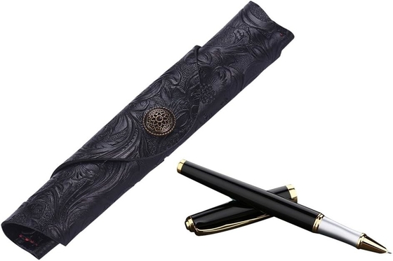 Pênis de couro feito à mão, porta-cabeça, caneta de couro de vaca, caneta de fonte, manga de papel, bolso de caneta (esculpido preto)