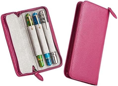 Caixa de caneta de papel de couro genuíno com 3 ranhuras divididas, cor preta, bolso de caixa de caneta com fecho.