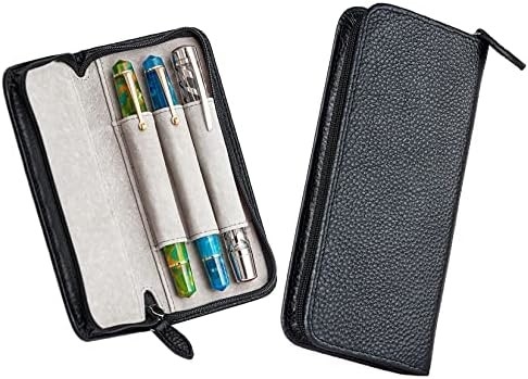 Caixa de caneta de papel de couro genuíno com 3 ranhuras divididas, cor preta, bolso de caixa de caneta com fecho.