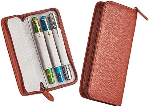 Caixa de caneta de papel de couro genuíno com 3 ranhuras divididas, cor preta, bolso de caixa de caneta com fecho.