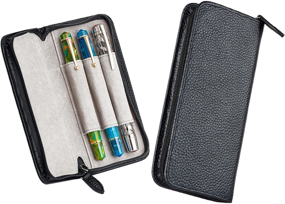 Caixa de caneta de papel de couro genuíno com 3 ranhuras divididas, cor preta, bolso de caixa de caneta com fecho.