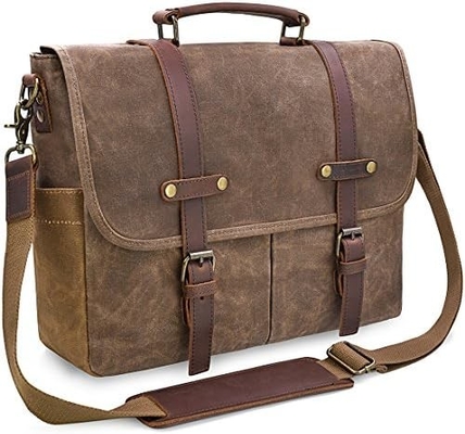 15.6 polegadas impermeável Vintage Couro genuíno de cera de lona carteira grande computador de couro laptop saco robusto saco