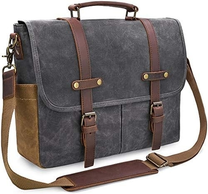 15.6 polegadas impermeável Vintage Couro genuíno de cera de lona carteira grande computador de couro laptop saco robusto saco