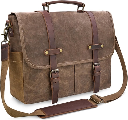 15.6 polegadas impermeável Vintage Couro genuíno de cera de lona carteira grande computador de couro laptop saco robusto saco