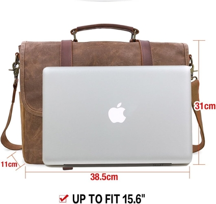 15.6 polegadas impermeável Vintage Couro genuíno de cera de lona carteira grande computador de couro laptop saco robusto saco