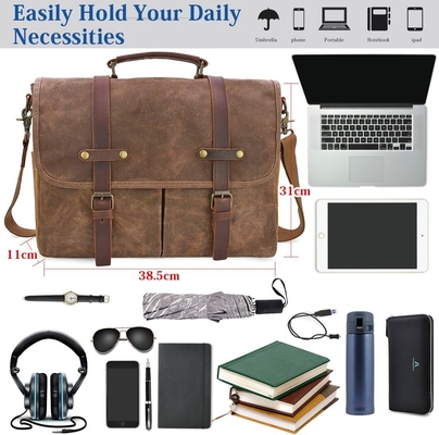 15.6 polegadas impermeável Vintage Couro genuíno de cera de lona carteira grande computador de couro laptop saco robusto saco
