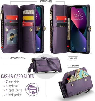 Caixa do iPhone 13, carteira com fecho com 7 cartões, pulseira magnética de couro