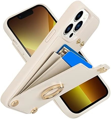 Titulares de cartão com iPhone 13 Pro Max, porta-anel giratório a 360°, porta-cartolas de couro, tampa à prova de choques RFID,