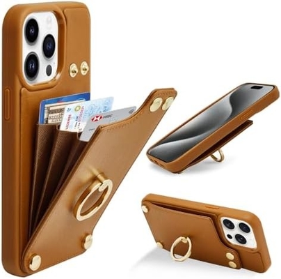 Titulares de cartão com iPhone 13 Pro Max, porta-anel giratório a 360°, porta-cartolas de couro, tampa à prova de choques RFID,