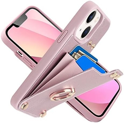 Titulares de cartão com iPhone 13 Pro Max, porta-anel giratório a 360°, porta-cartolas de couro, tampa à prova de choques RFID,
