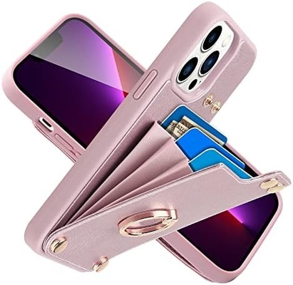 Titulares de cartão com iPhone 13 Pro Max, porta-anel giratório a 360°, porta-cartolas de couro, tampa à prova de choques RFID,