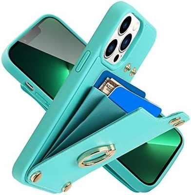 Titulares de cartão com iPhone 13 Pro Max, porta-anel giratório a 360°, porta-cartolas de couro, tampa à prova de choques RFID,