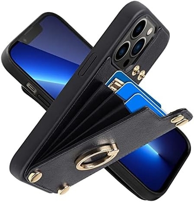 Titulares de cartão com iPhone 13 Pro Max, porta-anel giratório a 360°, porta-cartolas de couro, tampa à prova de choques RFID,