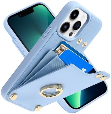 Titulares de cartão com iPhone 13 Pro Max, porta-anel giratório a 360°, porta-cartolas de couro, tampa à prova de choques RFID,