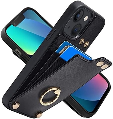 Titulares de cartão com iPhone 13 Pro Max, porta-anel giratório a 360°, porta-cartolas de couro, tampa à prova de choques RFID,