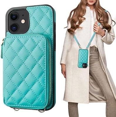 Saco de corpo cruzado iPhone 12/12 Pro, RFID blindado PU cinto de couro suporte com slot de cartão Split bag cordão de pulso