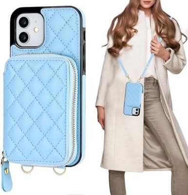 Saco de corpo cruzado iPhone 12/12 Pro, RFID blindado PU cinto de couro suporte com slot de cartão Split bag cordão de pulso