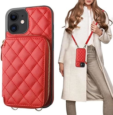 Saco de corpo cruzado iPhone 12/12 Pro, RFID blindado PU cinto de couro suporte com slot de cartão Split bag cordão de pulso