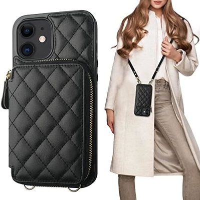 Saco de corpo cruzado iPhone 12/12 Pro, RFID blindado PU cinto de couro suporte com slot de cartão Split bag cordão de pulso
