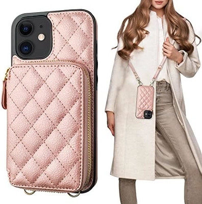 Saco de corpo cruzado iPhone 12/12 Pro, RFID blindado PU cinto de couro suporte com slot de cartão Split bag cordão de pulso