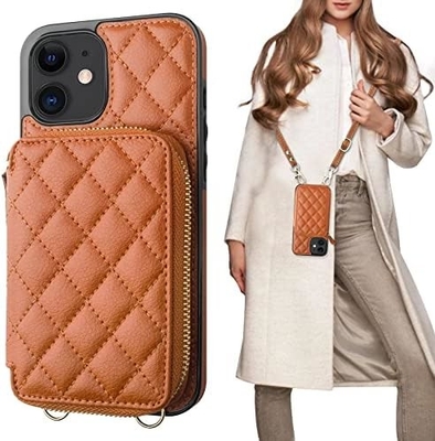 Saco de corpo cruzado iPhone 12/12 Pro, RFID blindado PU cinto de couro suporte com slot de cartão Split bag cordão de pulso