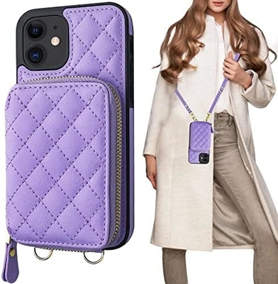 Saco de corpo cruzado iPhone 12/12 Pro, RFID blindado PU cinto de couro suporte com slot de cartão Split bag cordão de pulso