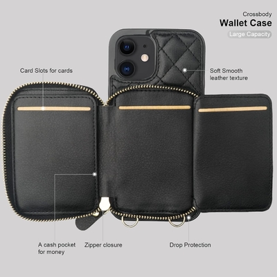 Saco de corpo cruzado iPhone 12/12 Pro, RFID blindado PU cinto de couro suporte com slot de cartão Split bag cordão de pulso