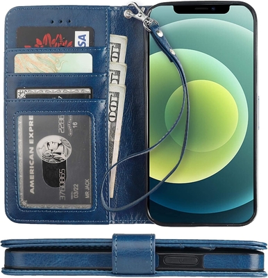 Compatível com iPhone 12 / Pro caixa de carteira com suporte de cartão PU stand de couro resistente a choques pulseira cinto clamshell 6,1 polegadas