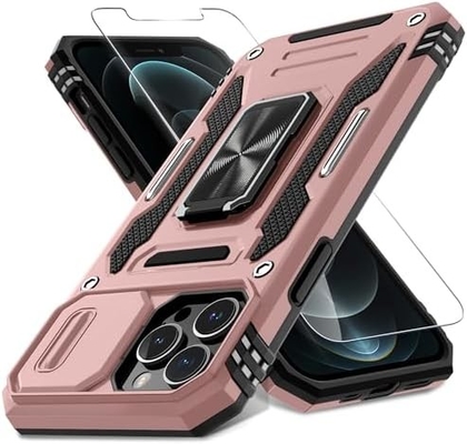 iPhone 12 Pro Max com capa de câmera de slide + protetor de tela ((1 pacote), anel giratório Kickstand grade militar à prova de choque