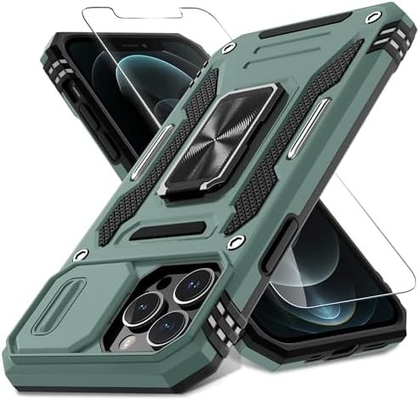 iPhone 12 Pro Max com capa de câmera de slide + protetor de tela ((1 pacote), anel giratório Kickstand grade militar à prova de choque