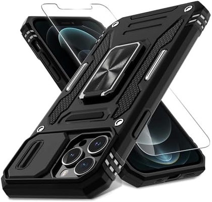 iPhone 12 Pro Max com capa de câmera de slide + protetor de tela ((1 pacote), anel giratório Kickstand grade militar à prova de choque