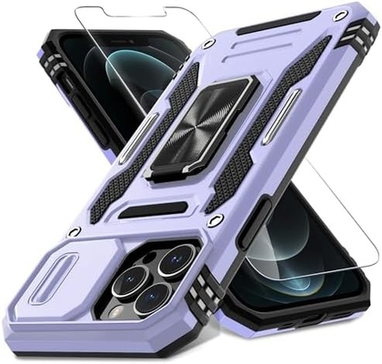 iPhone 12 Pro Max com capa de câmera de slide + protetor de tela ((1 pacote), anel giratório Kickstand grade militar à prova de choque