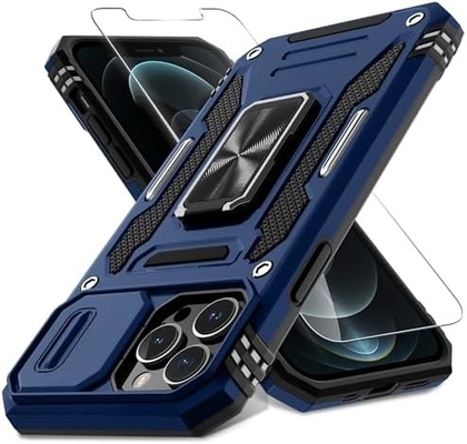 iPhone 12 Pro Max com capa de câmera de slide + protetor de tela ((1 pacote), anel giratório Kickstand grade militar à prova de choque